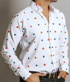 Camisa Hombre Casual Blanca Detalle Picas Trébol Corazones