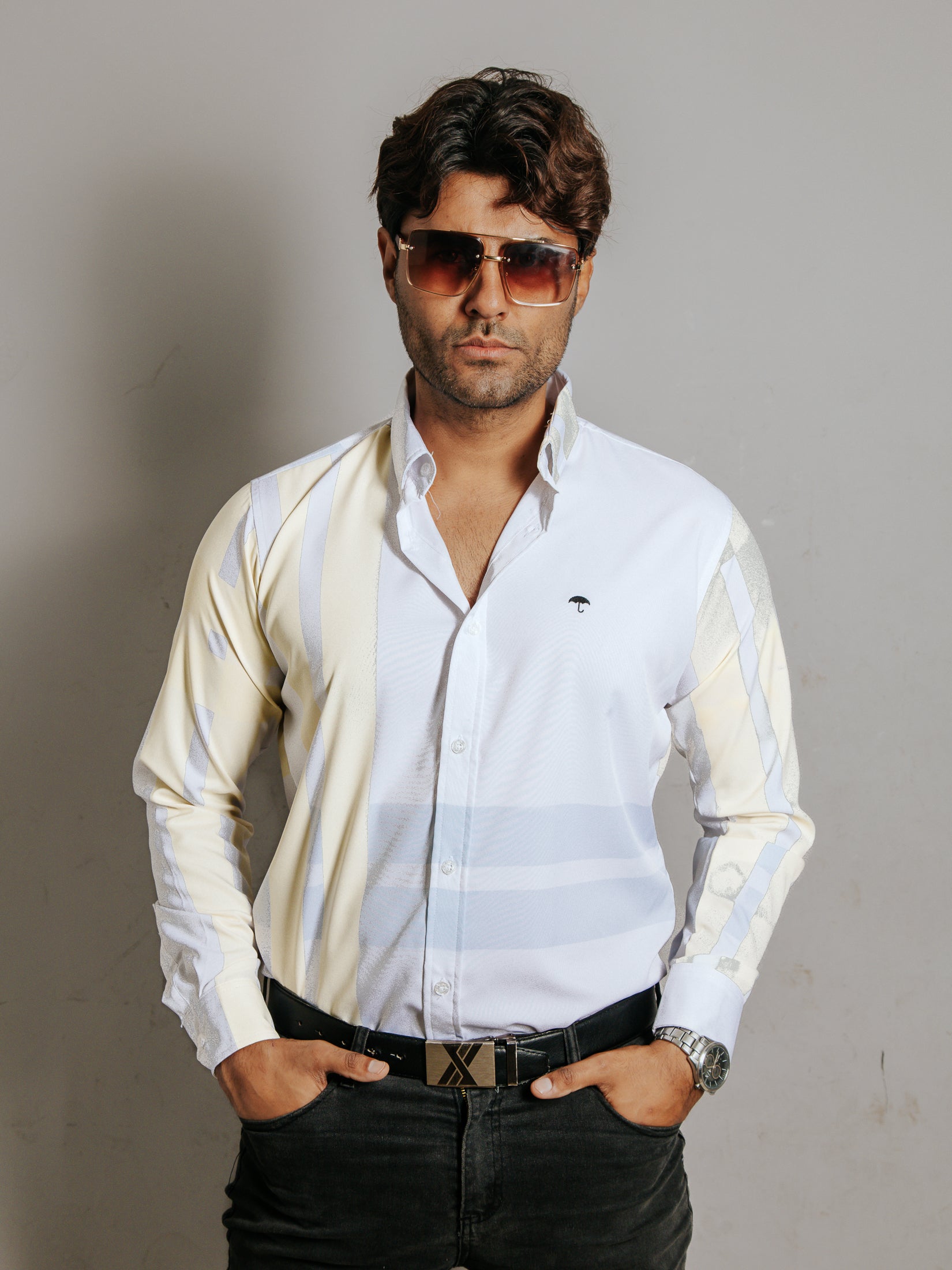 Camisa Hombre Casual Líneas Azul y Amarilla