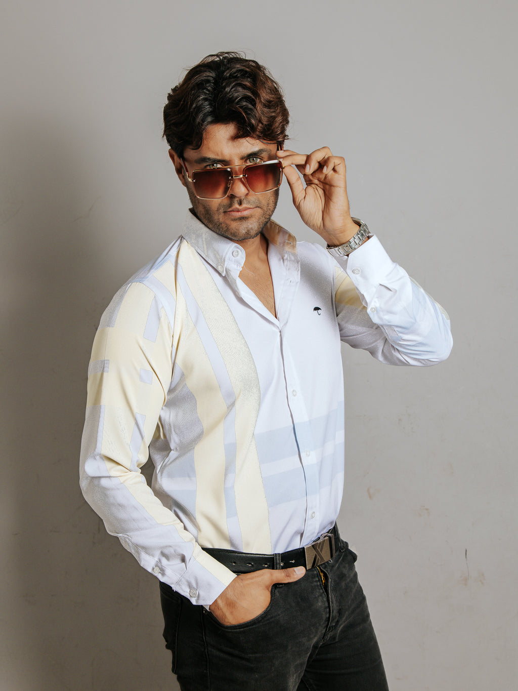 Camisa Hombre Casual Líneas Azul y Amarilla