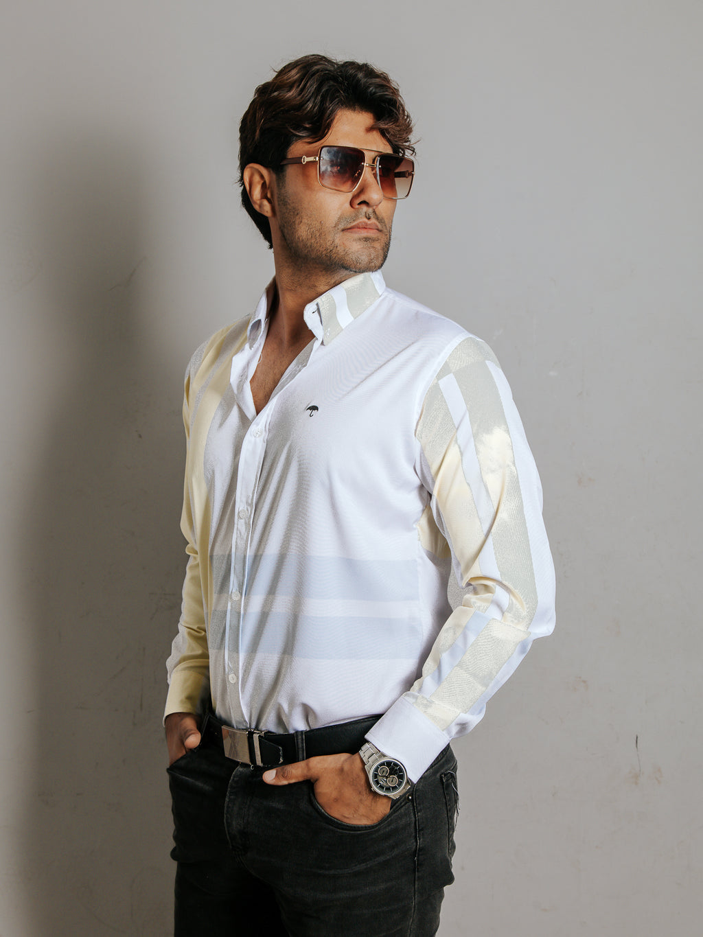 Camisa Hombre Casual Líneas Azul y Amarilla