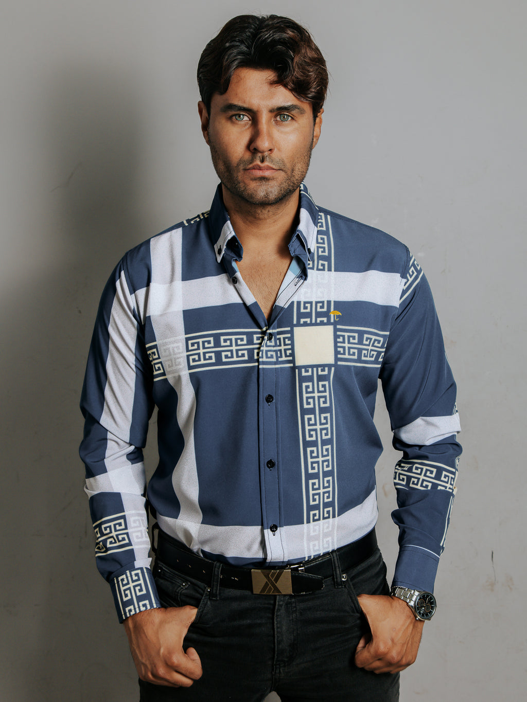 Camisa Hombre Casual Azul Líneas Gris Grecas Crema