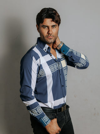 Camisa Hombre Casual Azul Líneas Gris Grecas Crema