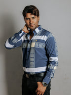 Camisa Hombre Casual Azul Líneas Gris Grecas Crema