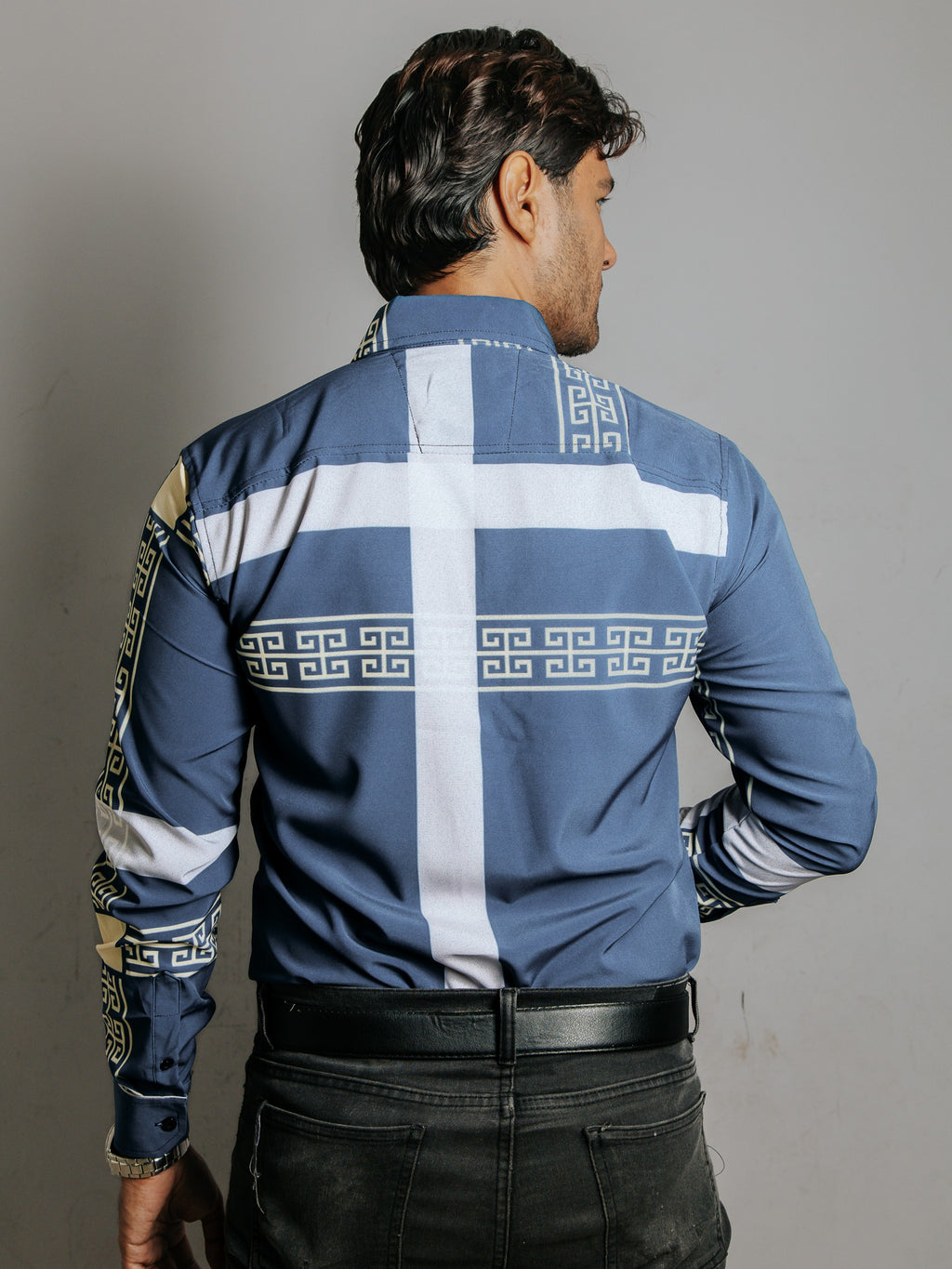 Camisa Hombre Casual Azul Líneas Gris Grecas Crema