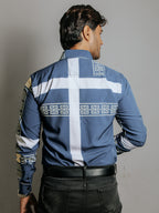 Camisa Hombre Casual Azul Líneas Gris Grecas Crema