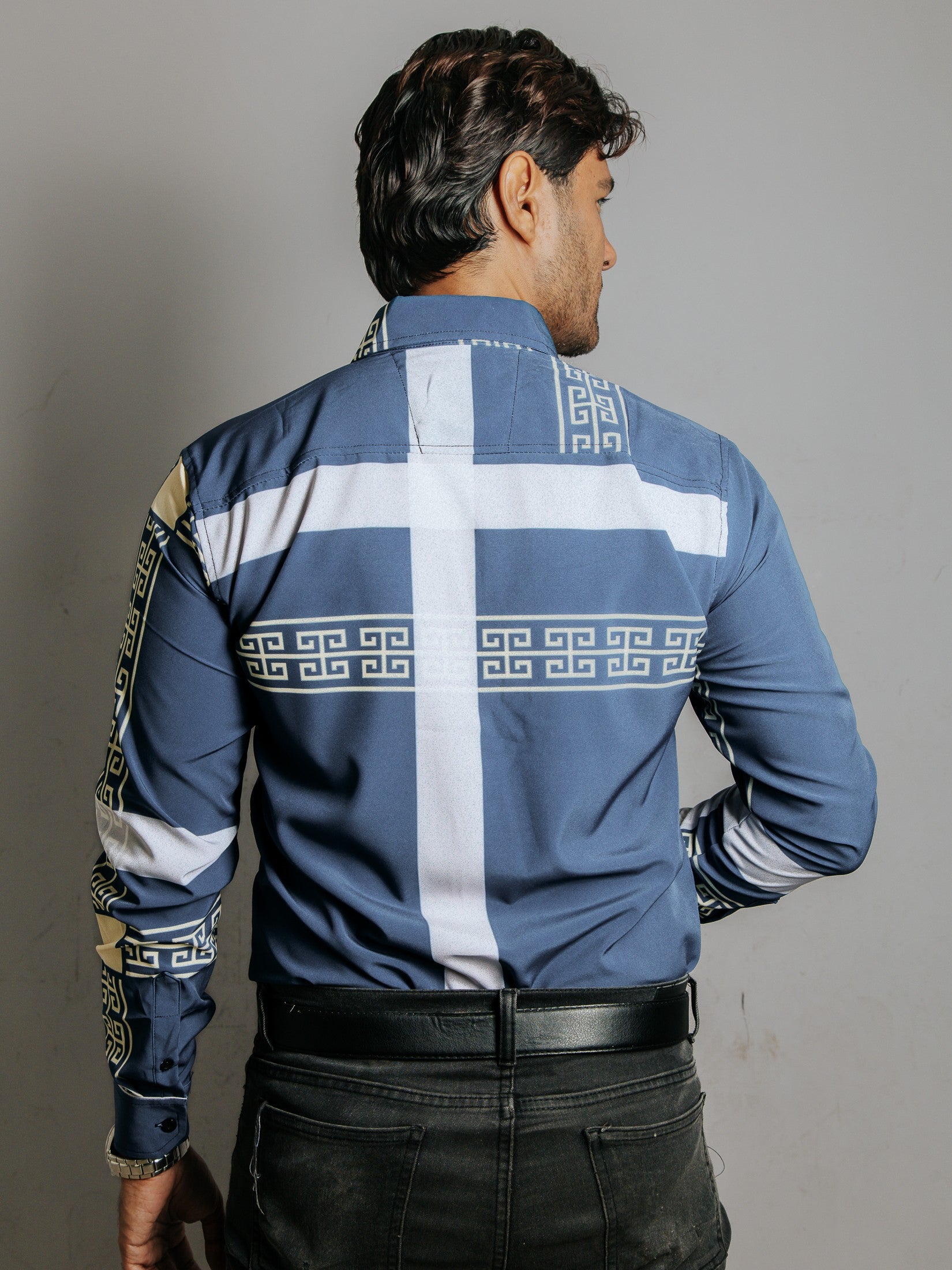 Camisa Hombre Casual Azul Líneas Gris Grecas Crema