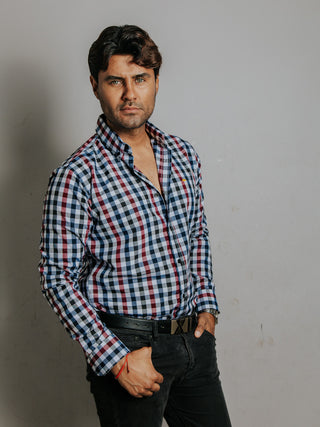 Camisa Hombre Casual Cuadro Azul Vino y Negro