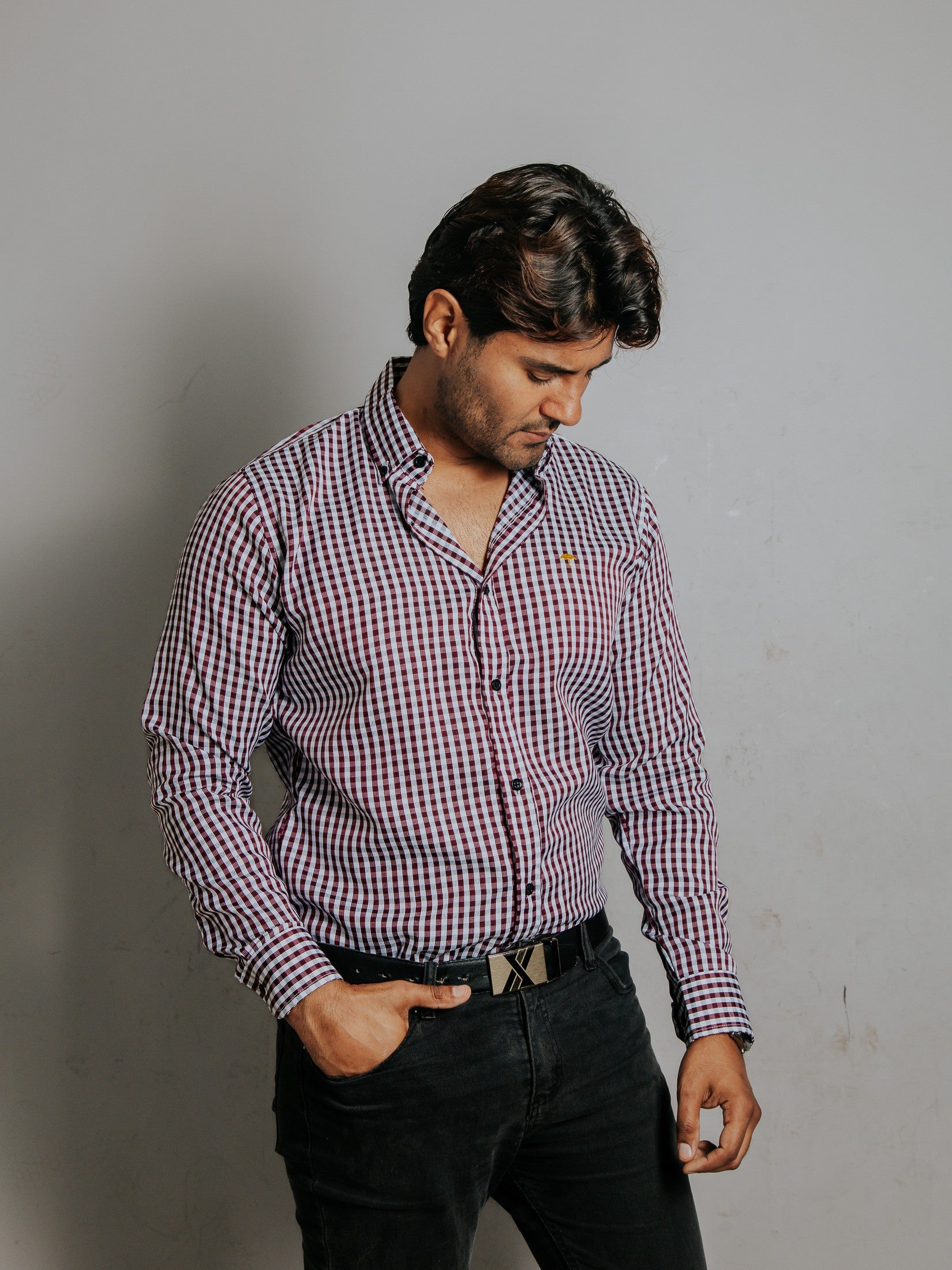 Camisa Hombre Casual Cuadros Vino y Blanco