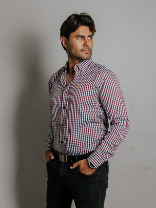 Camisa Hombre Casual Cuadros Vino y Blanco