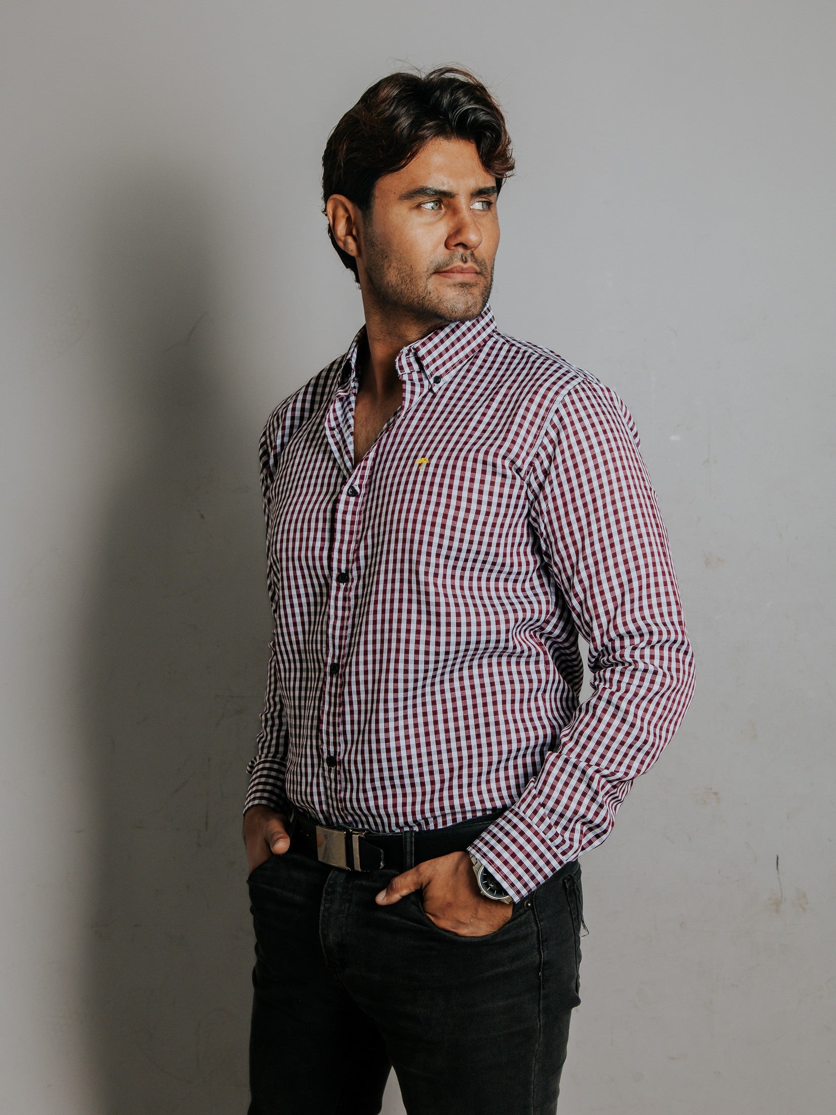 Camisa Hombre Casual Cuadros Vino y Blanco