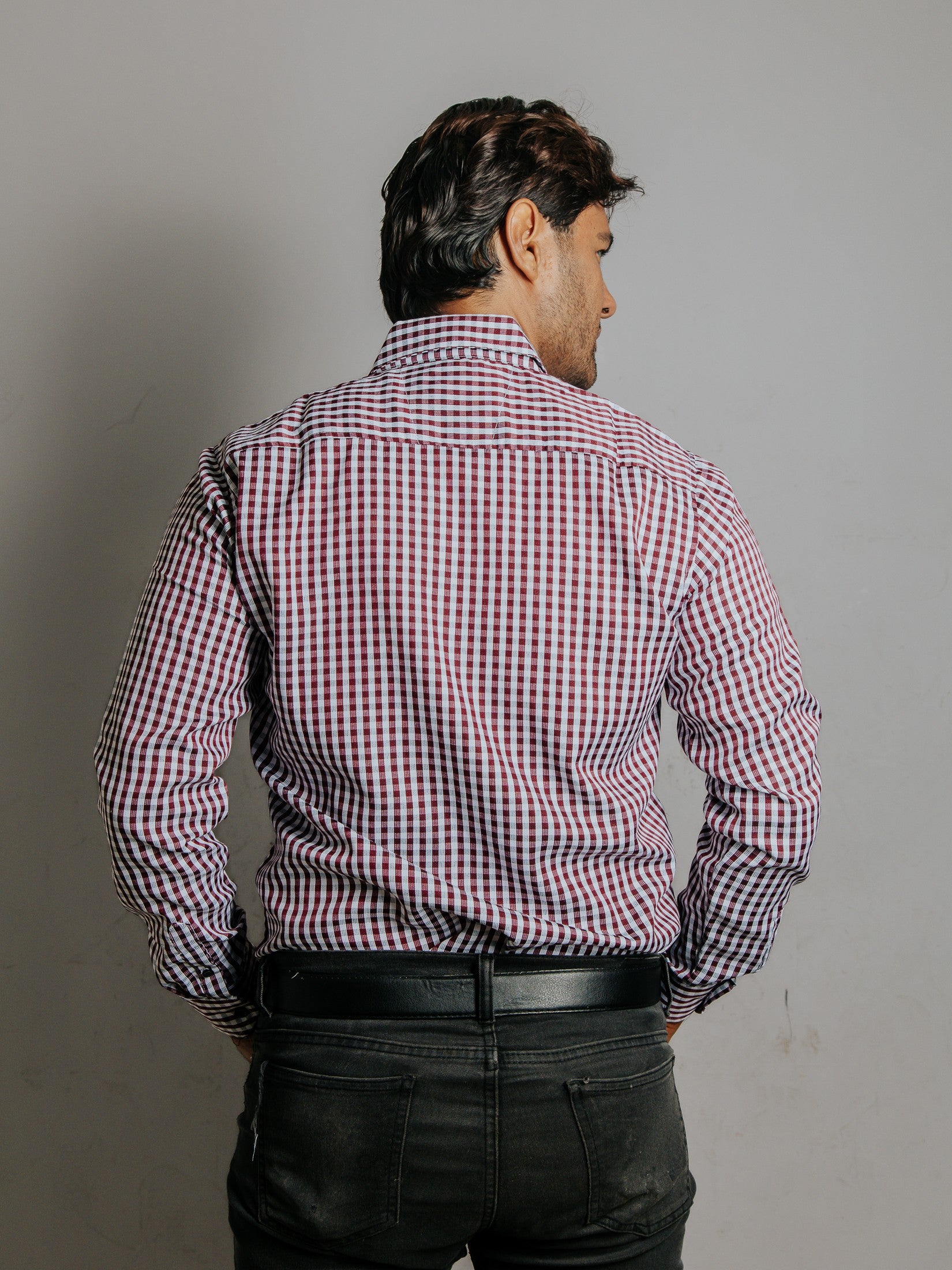 Camisa Hombre Casual Cuadros Vino y Blanco