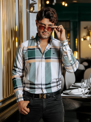 Camisa Hombre Casual Blanca Líneas Verde y Amarilla