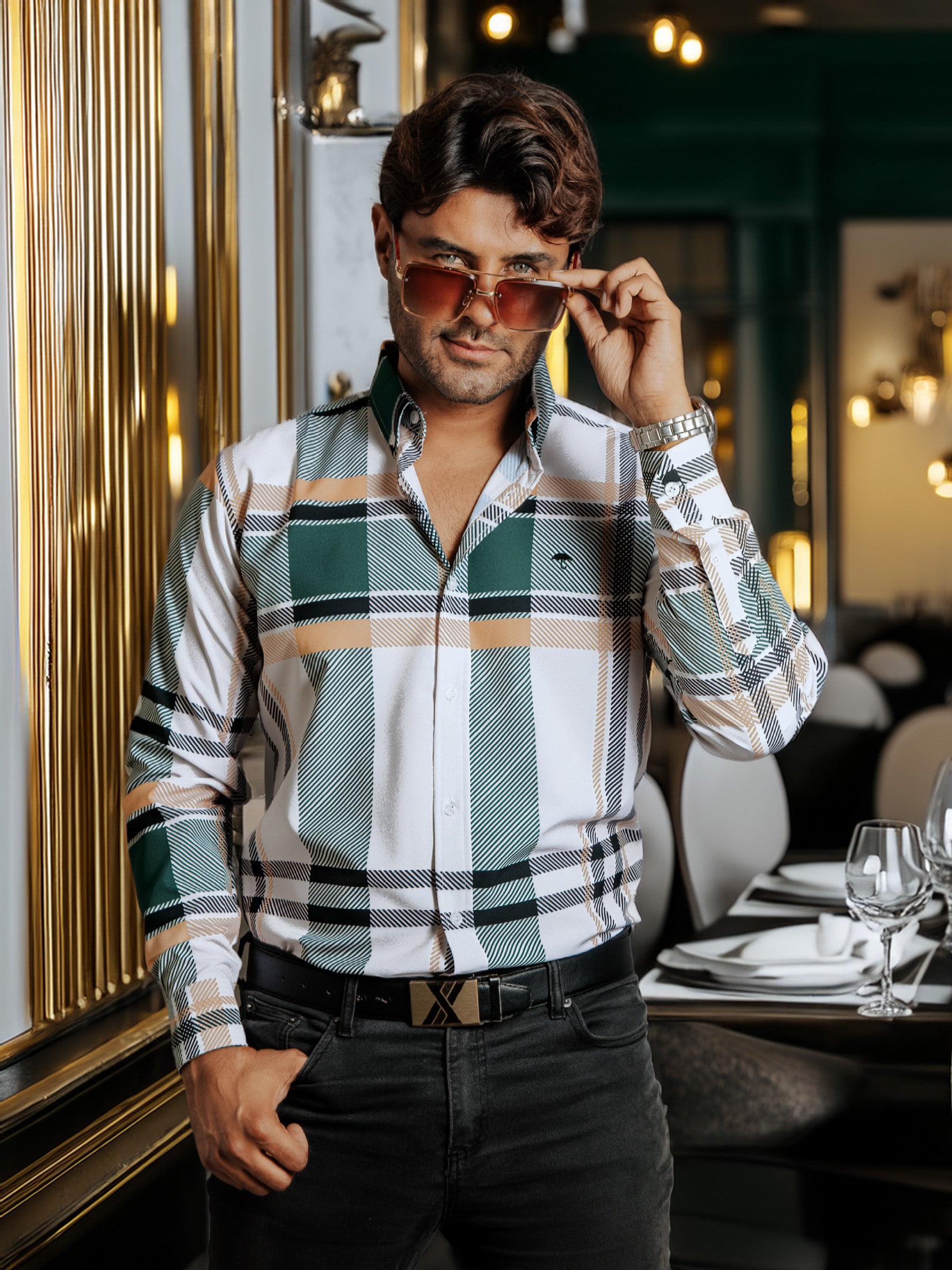 Camisa Hombre Casual Blanca Líneas Verde y Amarilla