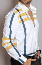 Camisa Hombre Casual Líneas Amarillo y Azul Marino