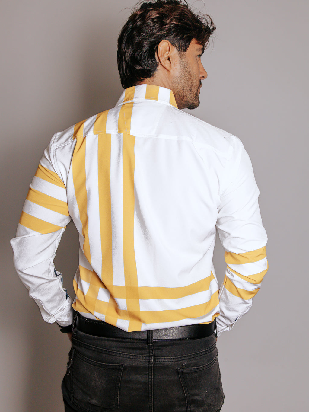 Camisa Hombre Casual Líneas Amarillo y Azul Marino