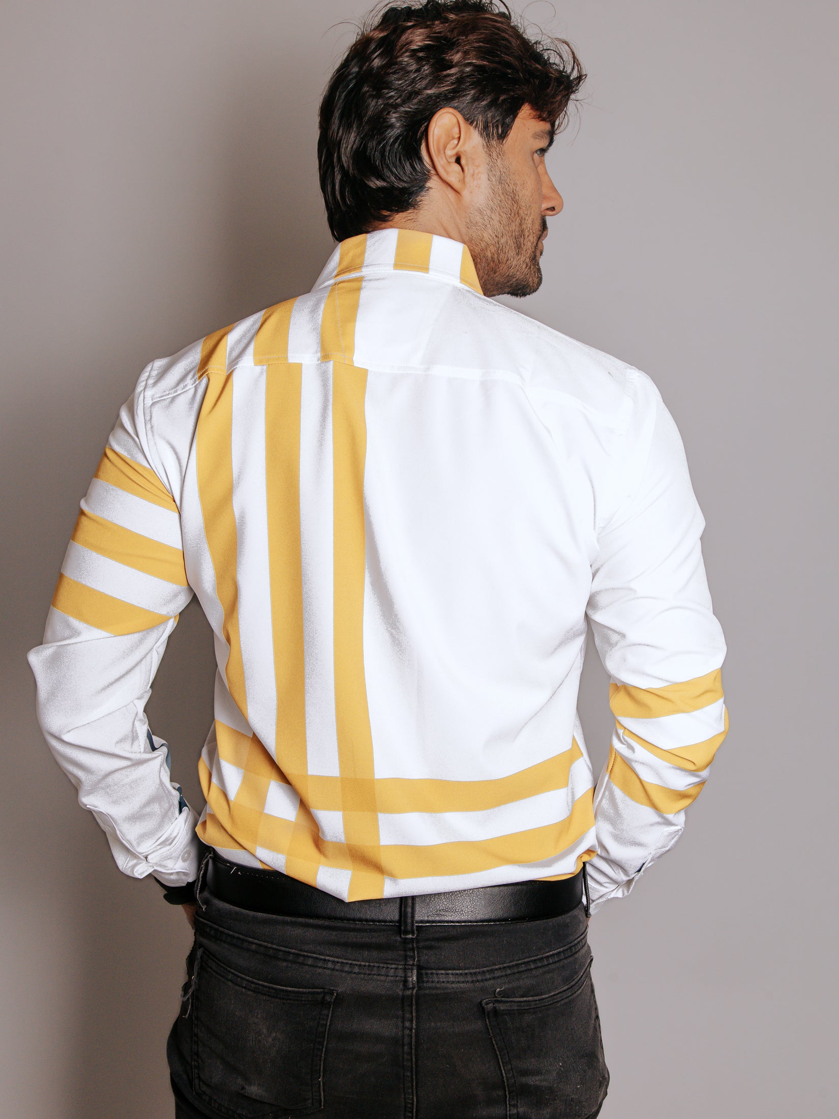Camisa Hombre Casual Líneas Amarillo y Azul Marino