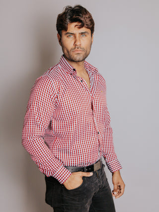 Camisa Hombre Casual Cuadros Rojo y Blanco