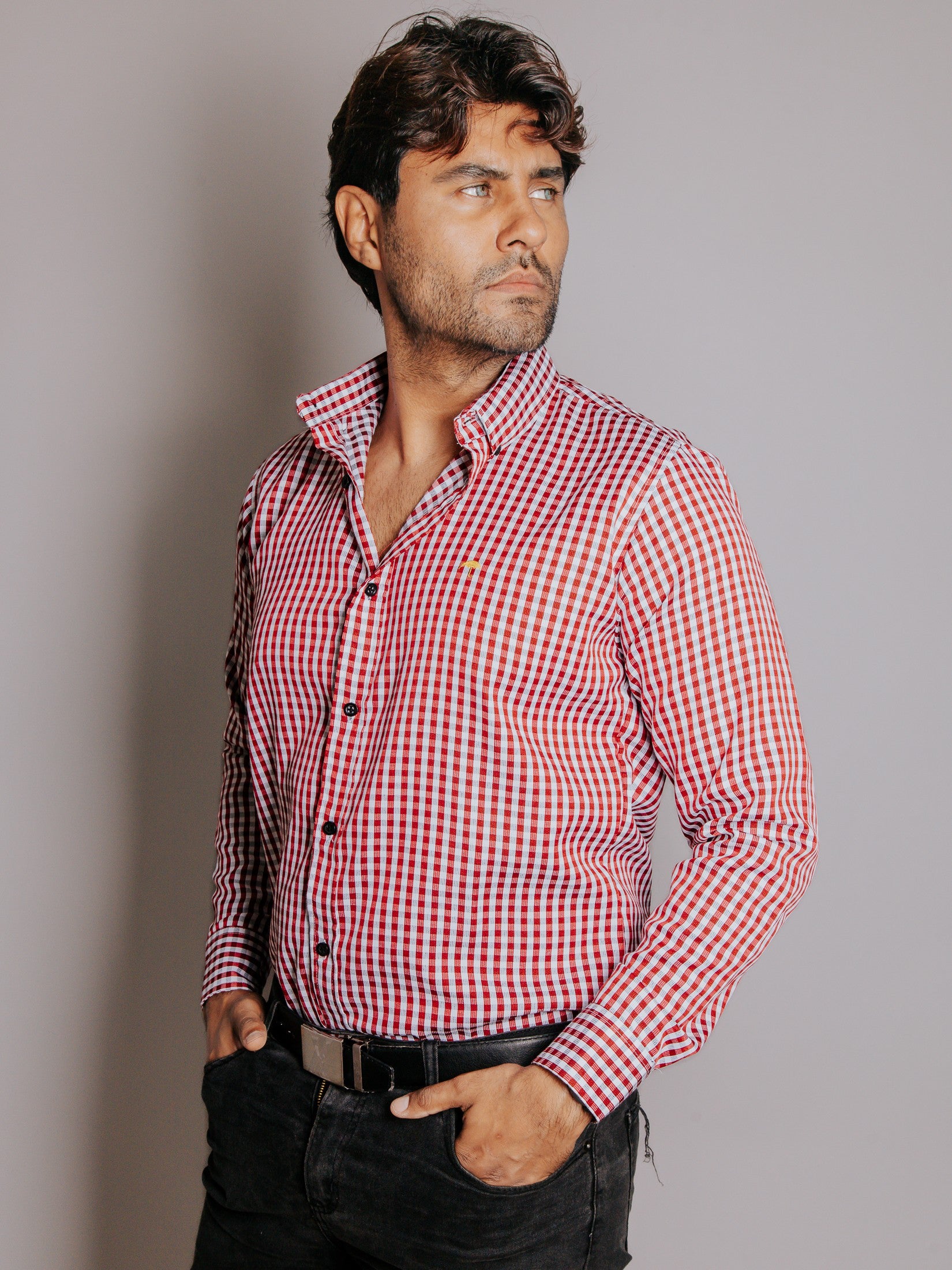 Camisa Hombre Casual Cuadros Rojo y Blanco