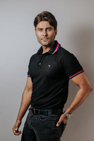 Playera Polo Hombre Casual Negra Detalles Rosas, Marino