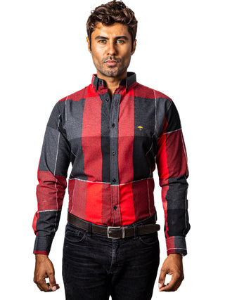 Camisa Hombre Casual Slim Fit Cuadros Rojos, Negros, Gris