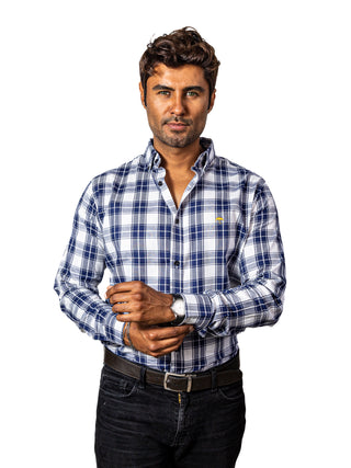 Camisa Hombre Casual Cuadros Blancos, Azul Marino