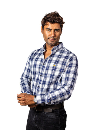 Camisa Hombre Casual Cuadros Blancos, Azul Marino