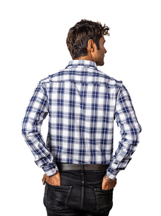 Camisa Hombre Casual Cuadros Blancos, Azul Marino