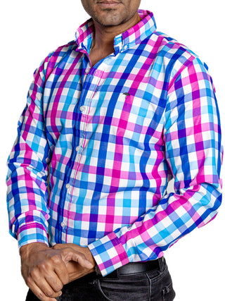 Camisa Hombre Casual Cuadros Marino Purpura Azul