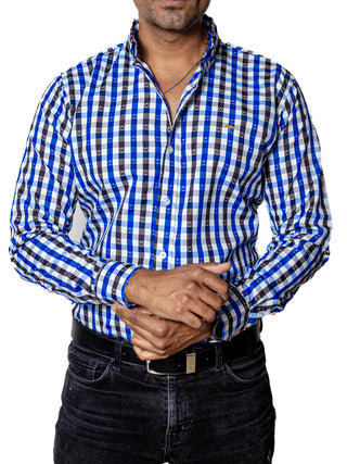 Camisa Hombre Casual Cuadros Azul, Negros, Blancos Puntos