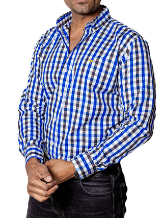 Camisa Hombre Casual Cuadros Azul, Negros, Blancos Puntos