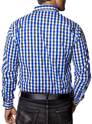 Camisa Hombre Casual Cuadros Azul, Negros, Blancos Puntos