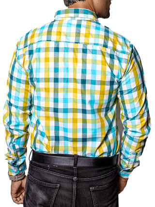 Camisa Hombre Casual Cuadros Amarillos Verdes Azul