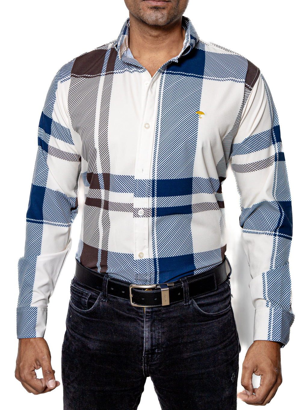 Camisa Hombre Casual Cuadros Blancos, Azul, Marrón - 34 (S)-Tiendas Platino