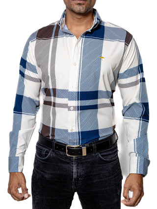 Camisa Hombre Casual Cuadros Blancos, Azul, Marrón