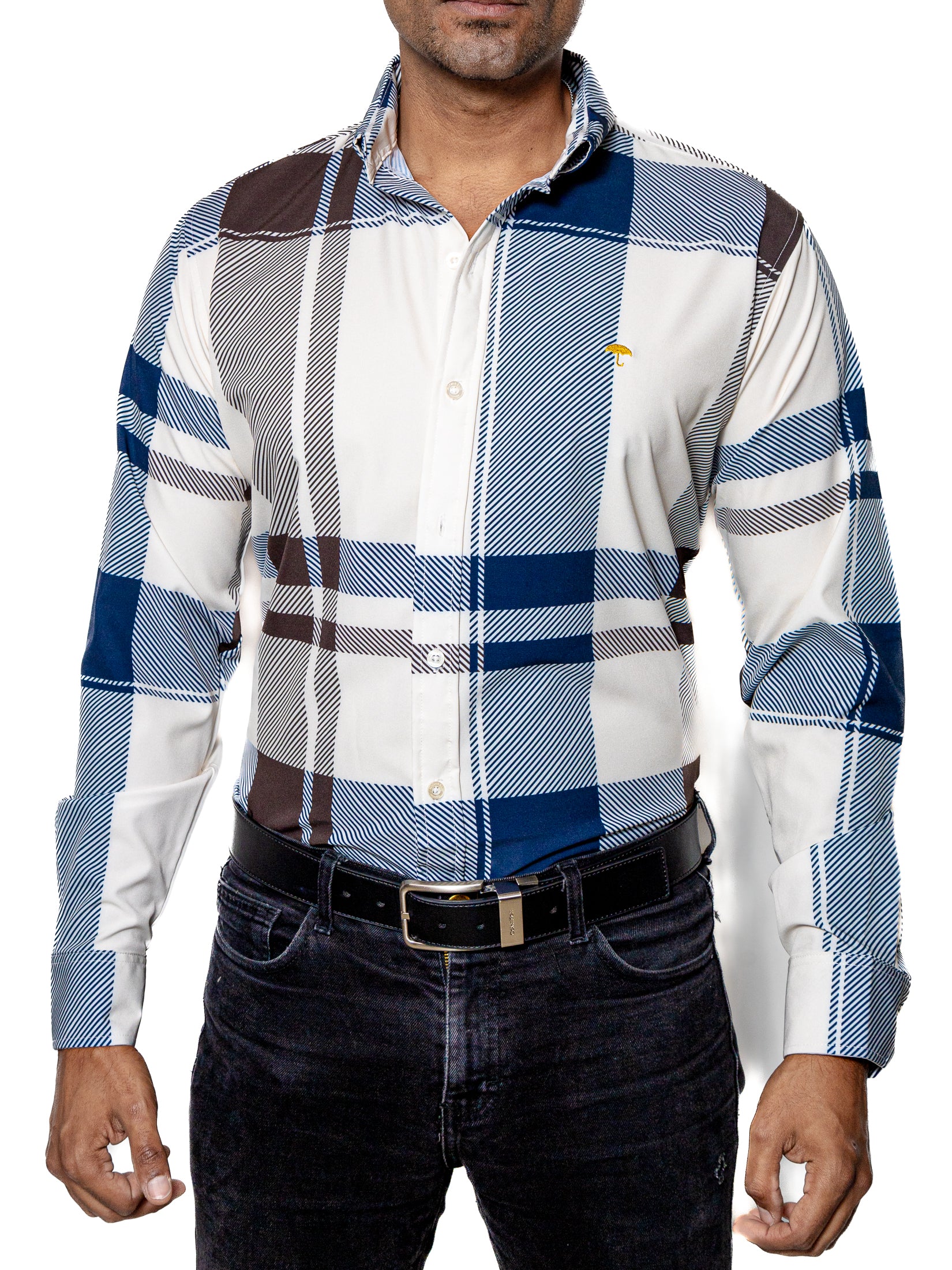 Camisa Hombre Casual Cuadros Blancos, Azul, Marrón - 34 (S)-Tiendas Platino