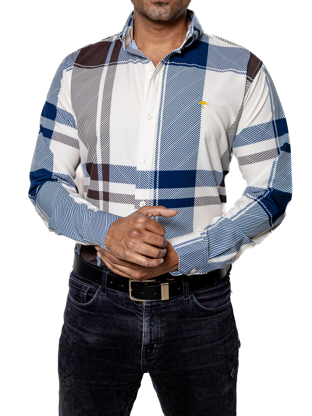 Camisa Hombre Casual Cuadros Blancos, Azul, Marrón - 34 (S)-Tiendas Platino