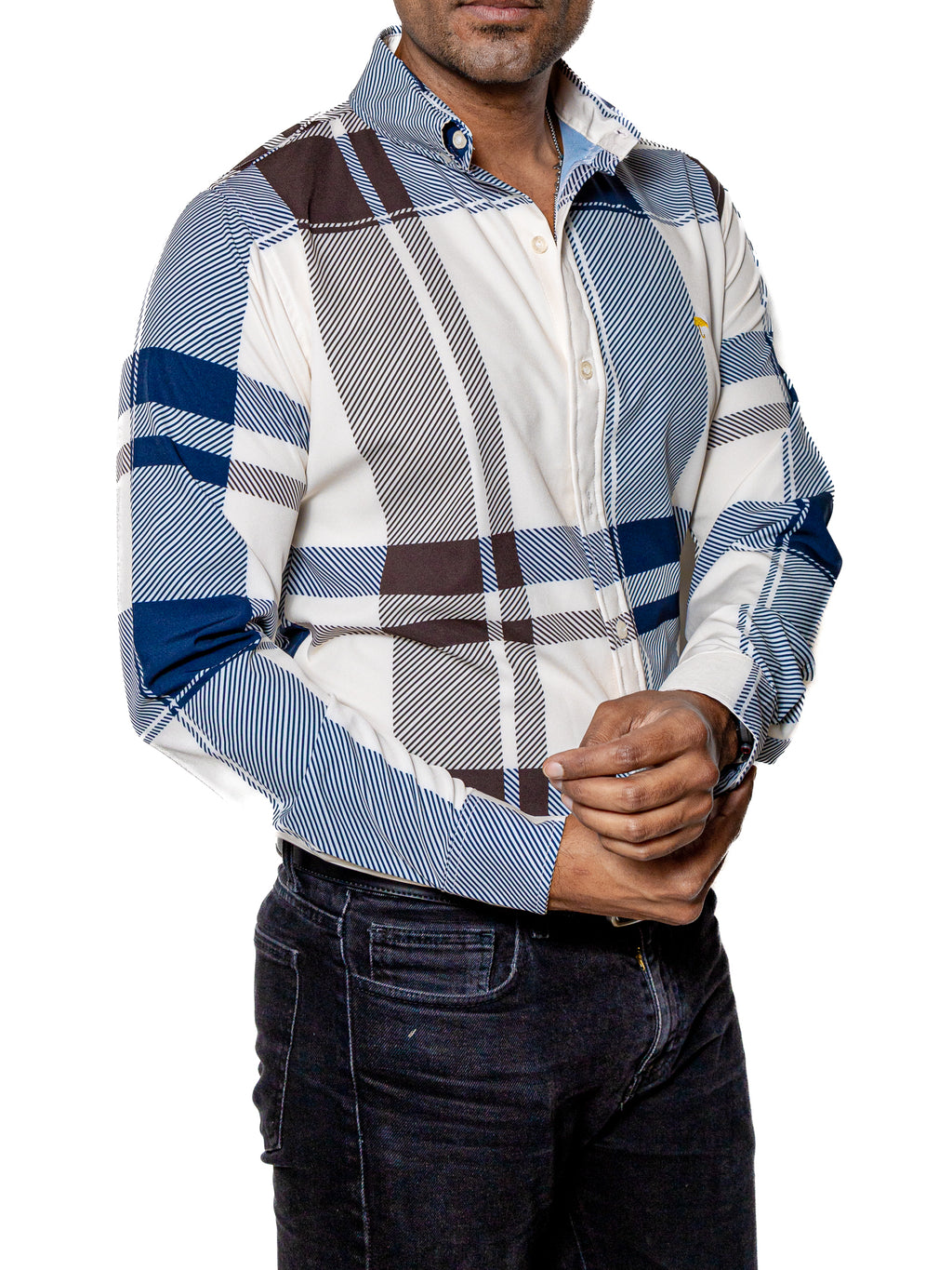 Camisa Hombre Casual Cuadros Blancos, Azul, Marrón - 34 (S)-Tiendas Platino