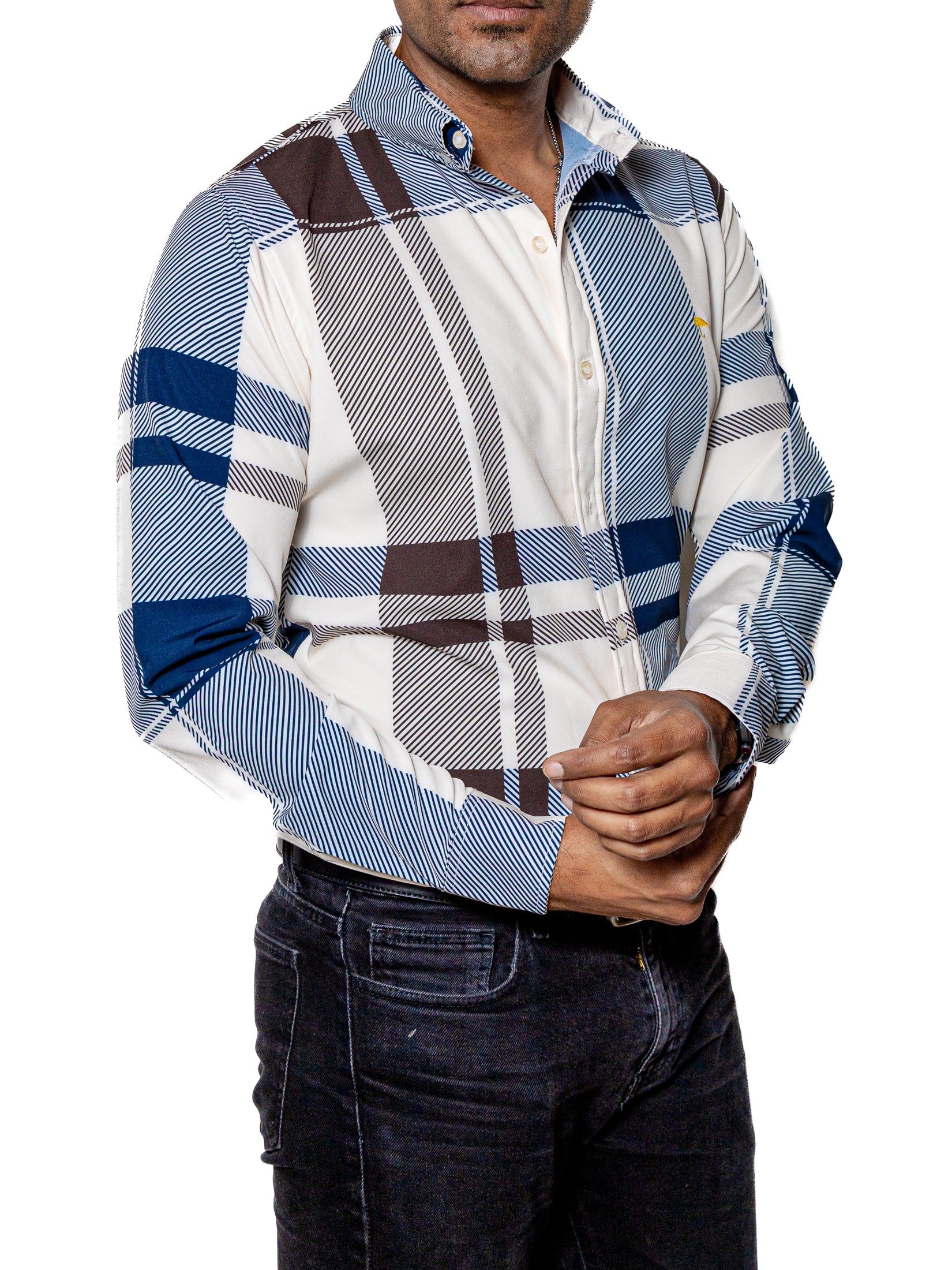 Camisa Hombre Casual Cuadros Blancos, Azul, Marrón - 34 (S)-Tiendas Platino