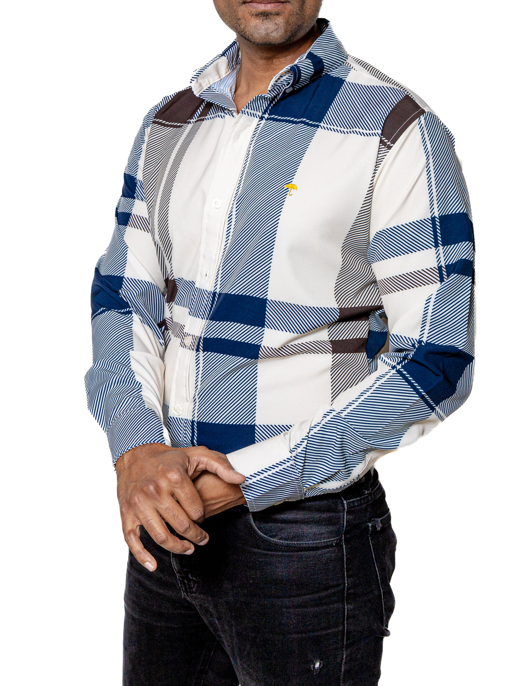 Camisa Hombre Casual Cuadros Blancos, Azul, Marrón - 34 (S)-Tiendas Platino