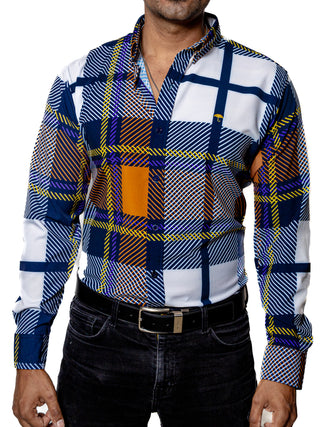 Camisa Hombre Casual Cuadro Naranja Blanco Linea Morado