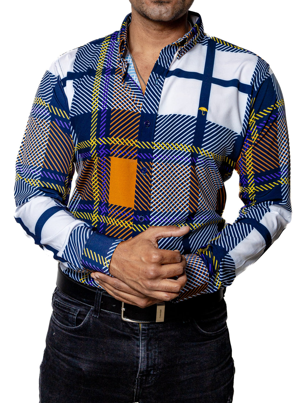 Camisa Hombre Casual Cuadro Naranja Blanco Linea Morado