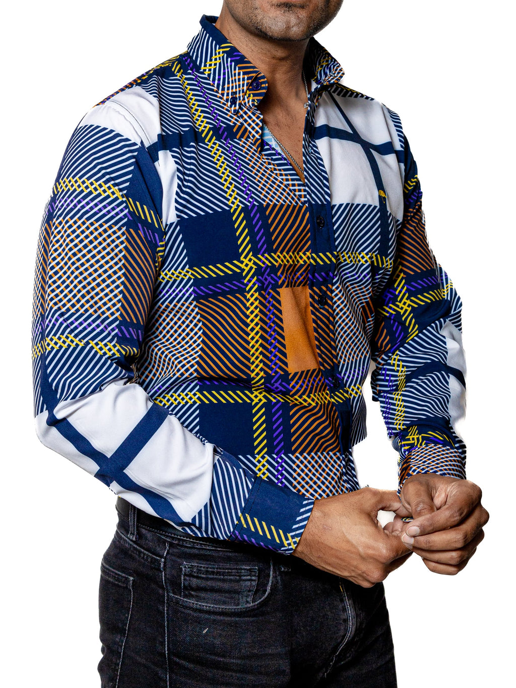 Camisa Hombre Casual Cuadro Naranja Blanco Linea Morado