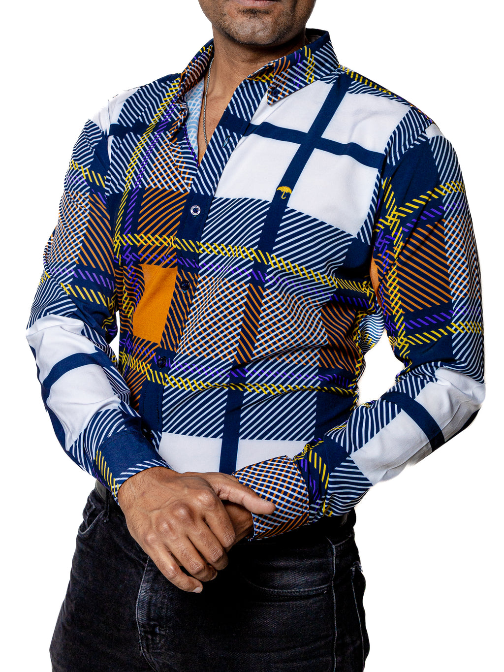 Camisa Hombre Casual Cuadro Naranja Blanco Linea Morado