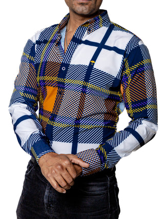 Camisa Hombre Casual Cuadro Naranja Blanco Linea Morado