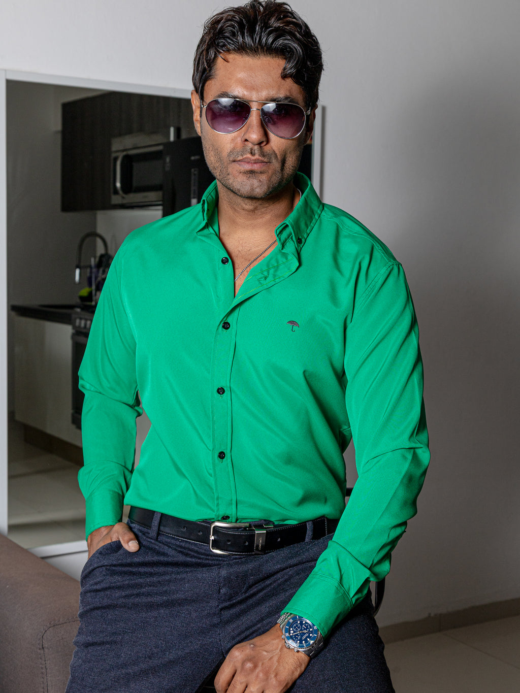 Camisa Hombre Casual Verde Lisa - 34 (S)-Tiendas Platino