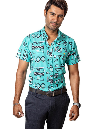 Camisa Hombre Casual Manga Corta Azul Turquesa Figuras