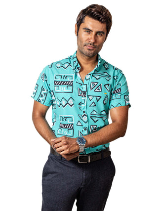 Camisa Hombre Casual Manga Corta Azul Turquesa Figuras