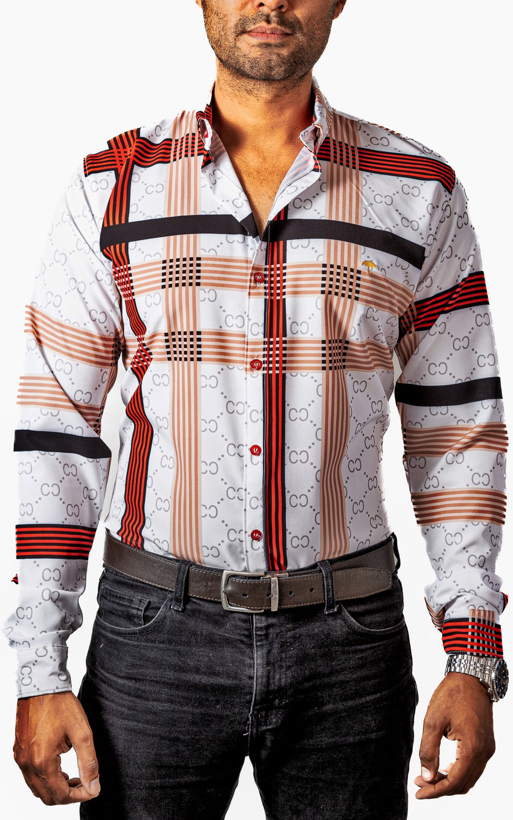 Camisa Hombre Casual Blancas Rayas Beige, Negras, Rojas - 34 (S)-Tiendas Platino