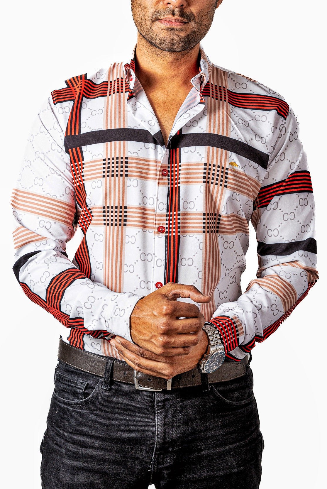 Camisa Hombre Casual Blancas Rayas Beige, Negras, Rojas - 34 (S)-Tiendas Platino