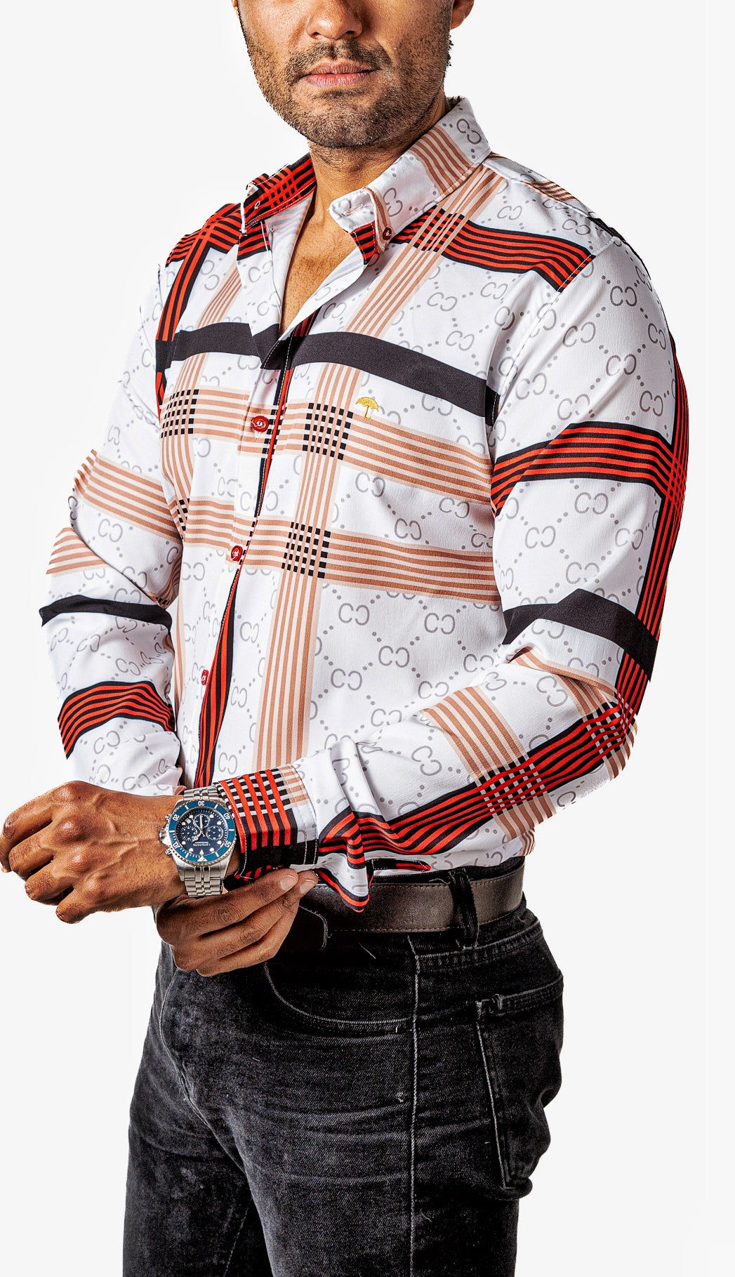 Camisa Hombre Casual Blancas Rayas Beige, Negras, Rojas - 34 (S)-Tiendas Platino